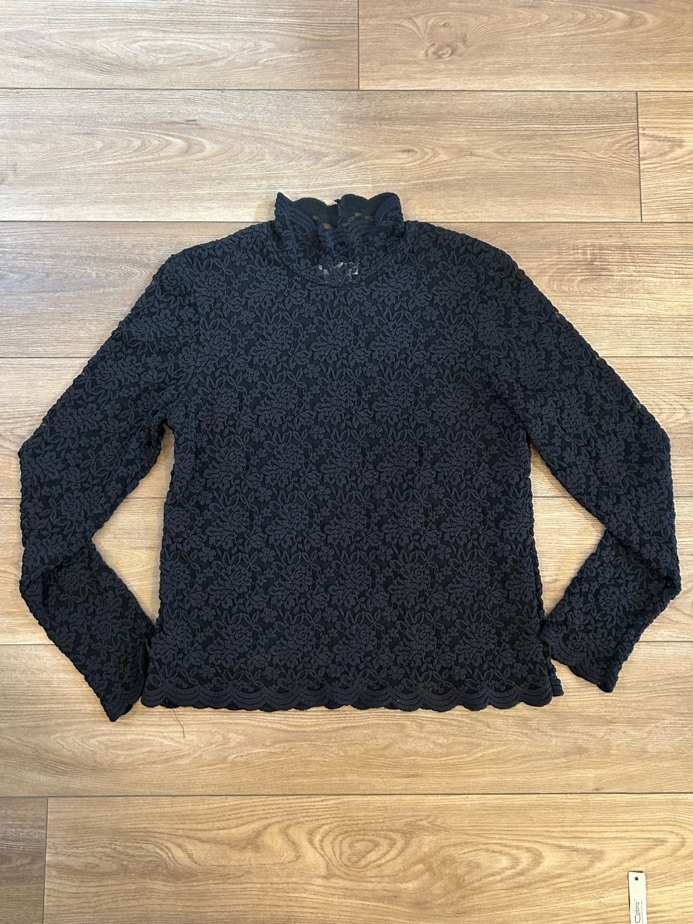 Vintage Coldwater Creek Black Floral Lace Top Ruffle Neck Size L